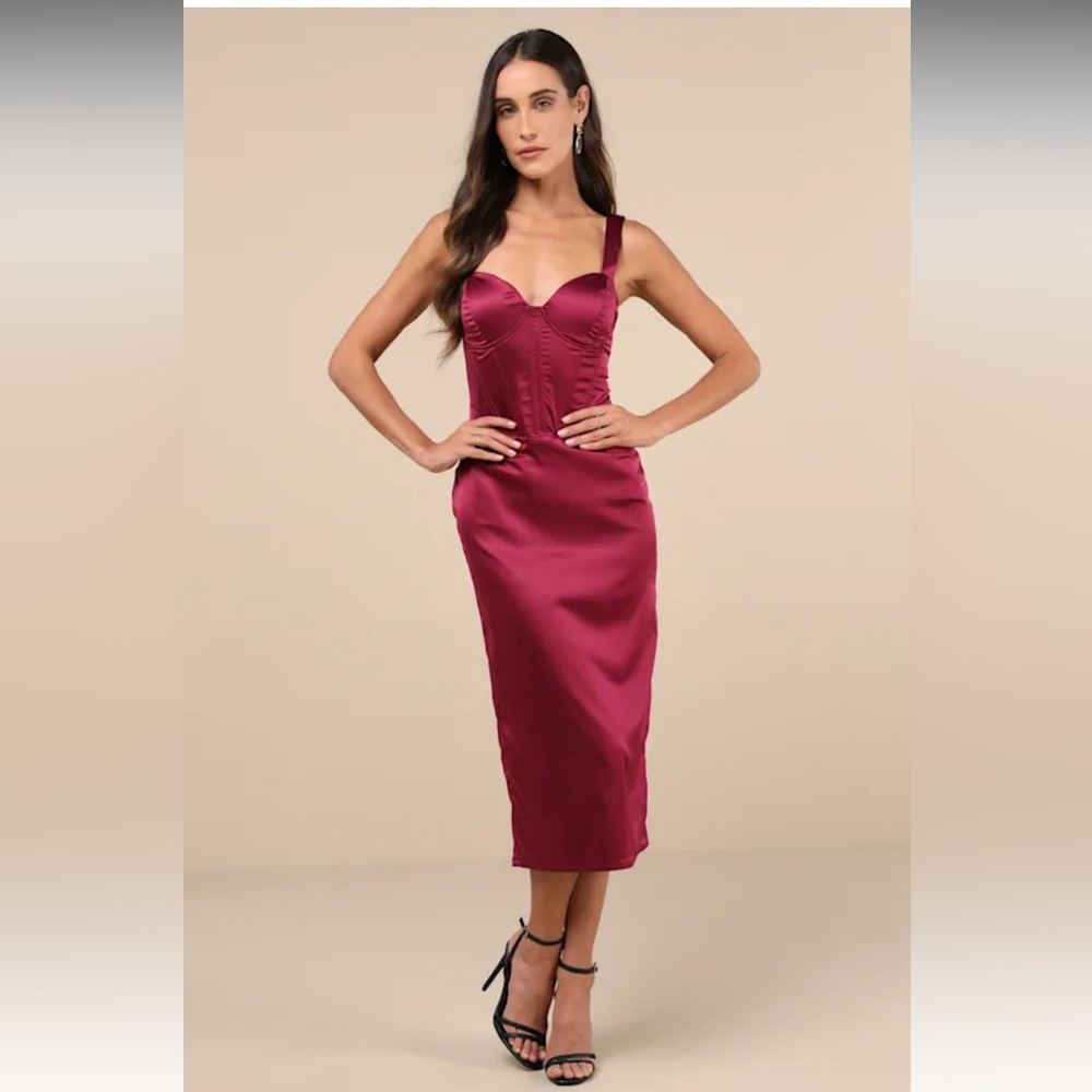 Lulus Luxe Expression Plum Purple Satin Bustier Midi Dress
